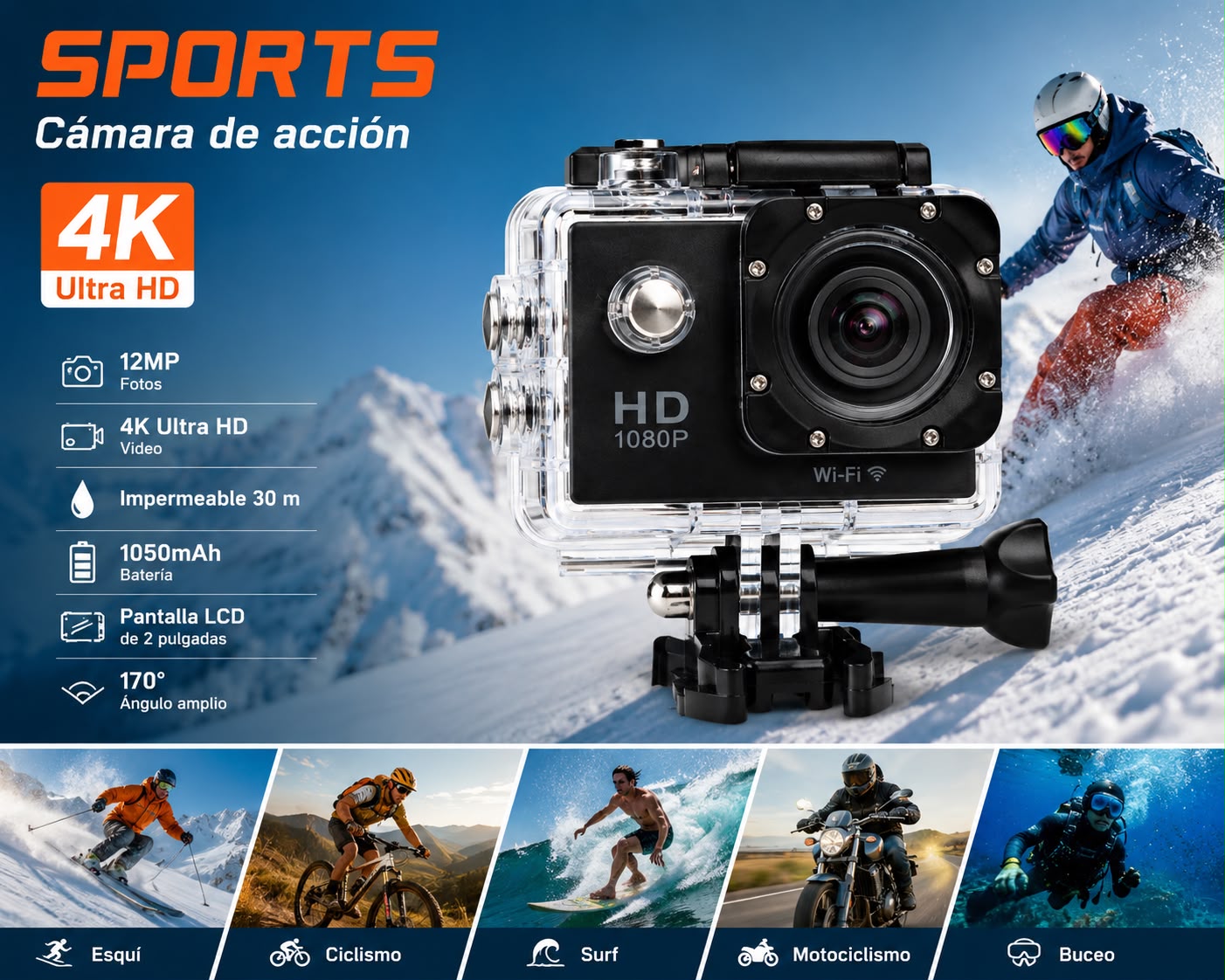 Cámara Deportiva de Acción 4K  HD